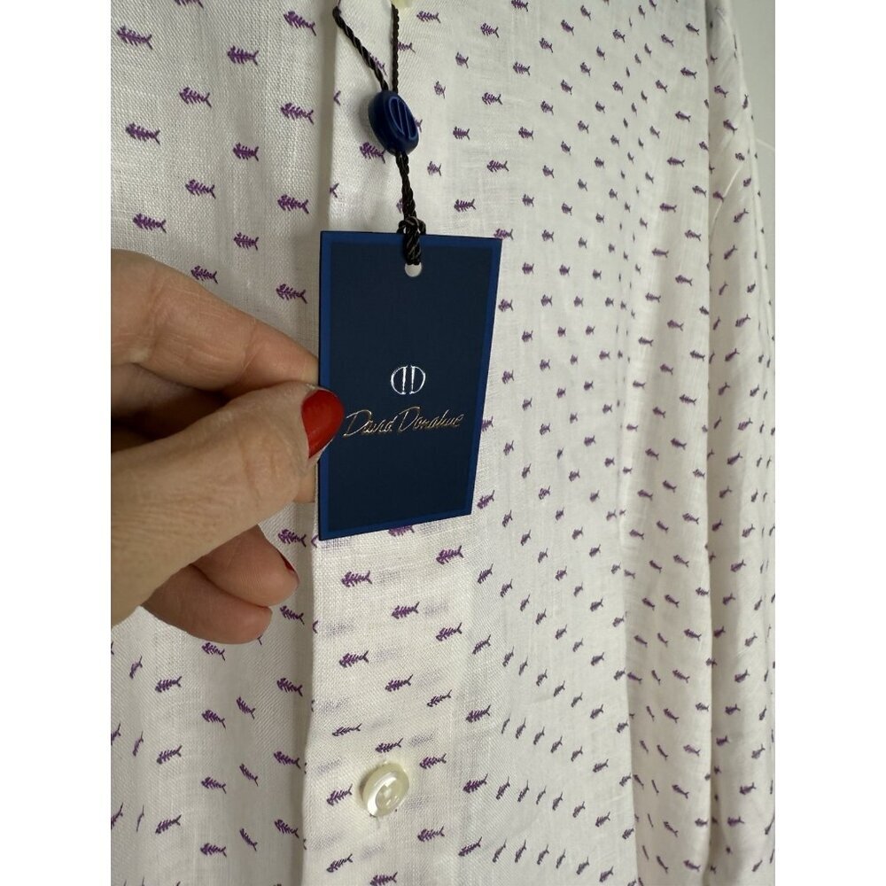 NWT David Donahue White Button Down Fishbone Pattern Fusion Linen 15.5 3…​ - Picture 4 of 11